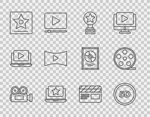 Set line Cinema camera, 5d virtual reality, Movie trophy, Laptop with star, Hollywood walk of fame, Online play video, clapper and Film reel icon. Vector