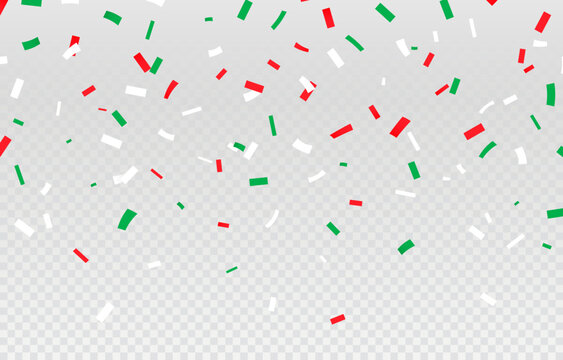 Circus mexico independence day red, green and white confetti rain down in celebration, creating a festive atmosphere full of joy and patriotism. Isolated cartoon vector festive decor falling down