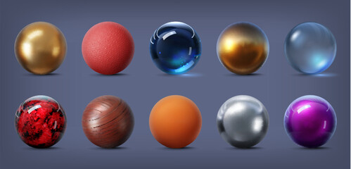 3d texture spheres. Gold, silver, metal and glass, stone and rubber, chrome and ice ball. Isolated vector spherical objects set with intricate patterns that create a tactile and immersive experience
