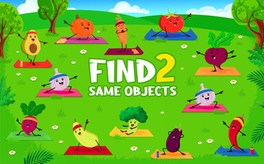 Obraz na płótnie Canvas Find two same funny vegetable on yoga sport kids vector game worksheet with avocado, pumpkin, carrot, tomato and beetroot. Garlic, chili pepper, eggplant and squash with broccoli and radish characters