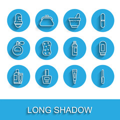 Set line Cream or lotion cosmetic tube, Nail polish bottle, Antiperspirant deodorant roll, file, Sponge with bubbles, and Perfume icon. Vector