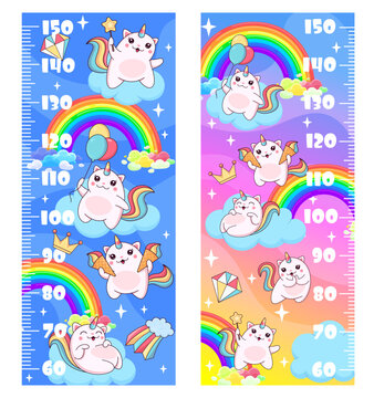 Kids height chart ruler with magic caticorn cat and kitten characters. Vector growth meter, wall sticker scale for children height measurement with cartoon heavenly feline unicorn fantasy personages