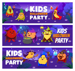 Halloween holiday kids party. Cartoon fruit wizards and mages at night forest. Vector horizontal banners with pear, pineapple, banana and garnet. Peach, lemon, mango, quince and orange funny sorcerers