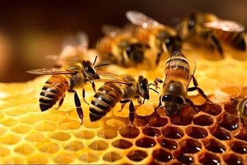 Bees working on a beehive creating honey, Honey on hexagonal honey comb 