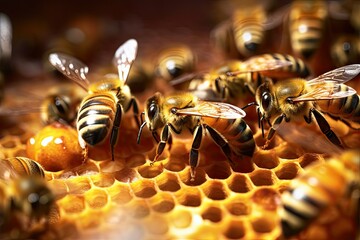 Naklejka premium Bees working on a beehive creating honey, Honey on hexagonal honey comb 