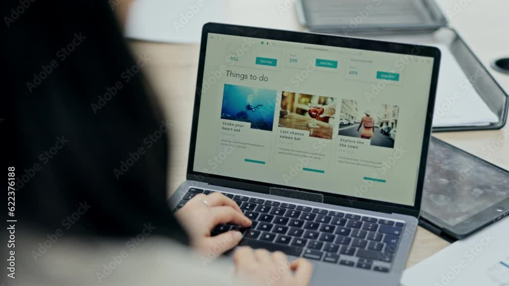 Aufkleber website, work and a woman with a laptop for planning, information or search for inspiration. typing,