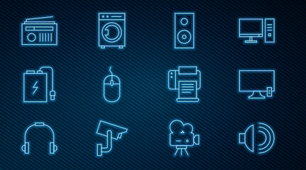Set line Speaker volume, Smart Tv, Stereo speaker, Computer mouse, Power bank with charge cable, Radio antenna, Printer and Washer icon. Vector