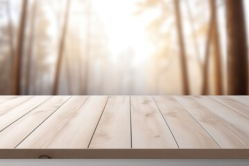 Weißer Holztisch mit verschwommenen herbstlichen Wald-Hintergrund, Platz für Warenpräsentation oder Text, Generative AI