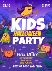 Halloween holiday kids party flyer. Cartoon fruit wizards and mages on night party. Vector invitation poster with cute mango on broom, peach with pot, pineapple and orange casting spell at coven