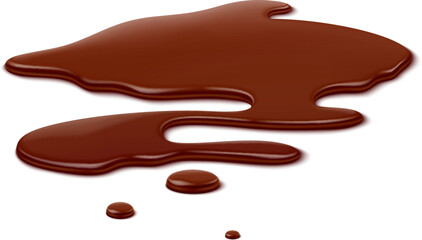 Chocolate puddle, brown choco spill, isolated liquid blot and drip. Isolated vector splatter captures the essence of indulgence. Its glossy and messy texture make it a treat for eyes and taste buds
