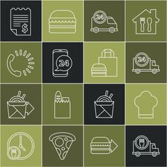 Set line Fast delivery by car, Chef hat, Food ordering, Paper financial check and Online burger icon. Vector