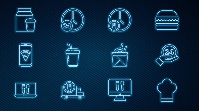 Set line Chef hat, Clock 24 hours, Round the clock delivery, Coffee cup to go, Food ordering pizza, Online and, Asian noodles chopsticks and icon. Vector