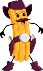 Cartoon churros cowboy and sheriff, bandit and robber, ranger tex mex mexican food character. Isolated vector whimsical western stockrider exudes charm with a wide-brimmed wild west hat and ammunition
