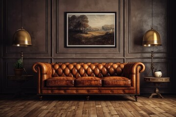 Brown leather sofa on wood flooring in a vintage interior room with dark frames. Generative AI
