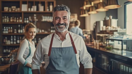 Portrait barista or waiter cafe or coffee shop owners against entrance, gesture inviting you to visit, being proud of small local business. Generation AI illustration