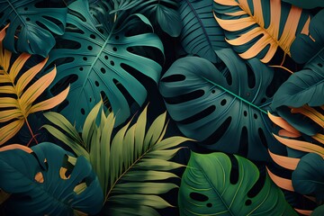 Tropical seamless pattern with beautiful palm, leaves. vintage 3D illustration. Glamorous exotic abstract background design. Good for luxury wallpapers, cloth, fabric printing, goods