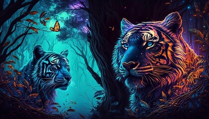 AI generated illustration of tigers in the forest