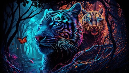 AI generated illustration of tigers in the forest