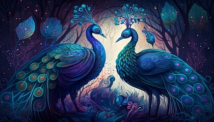 AI generated illustration of peacocks in the forest