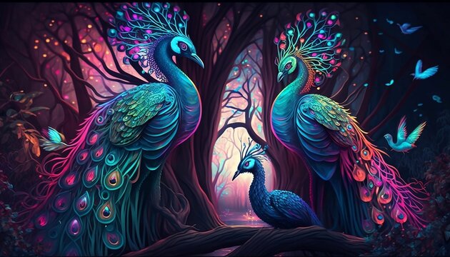 AI generated illustration of peacocks in the forest