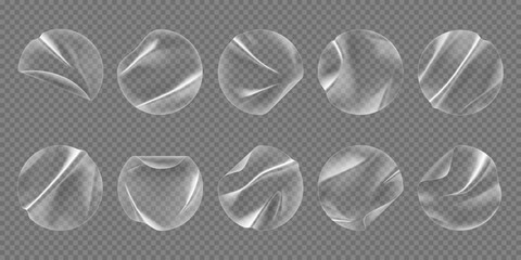 Round overlay adhesive patches, transparent circle plastic stickers. Realistic 3d vector pvc shrunken labels of circular shape. Wrinkled emblems easy to apply and remove, for quick fixes and repairs