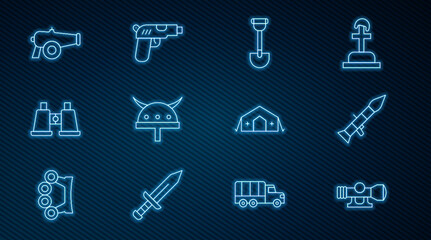 Set line Sniper optical sight, Rocket launcher, Sapper shovel, Viking in horned helmet, Binoculars, Cannon, Military medical tent and Pistol gun icon. Vector