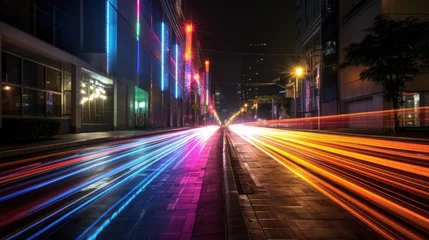 Photo sur Plexiglas Autoroute dans la nuit Vibrant city street at night with blurred motion and illuminated buildings.