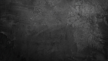 Old black abstract concrete background. Grunge texture. Dark wallpaper. Blackboard. Chalkboard. Top view, copy space. Banner