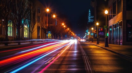 Fototapeta na wymiar Vibrant city street at night with blurred motion and illuminated buildings.