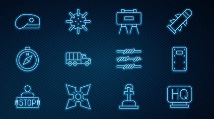 Set line Military headquarters, assault shield, mine, truck, Compass, beret, Barbed wire and Naval icon. Vector