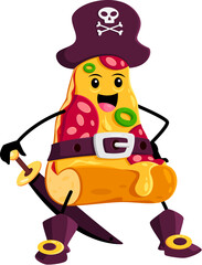 Cartoon fast food pizza piece pirate and corsair character. Street cafe or pizzeria meal filibuster childish mascot, takeaway restaurant pizza corsair isolated vector comical personage in tricorne hat