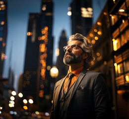 Confident executive man posing on street between tall buildings , Generative AI Illustration