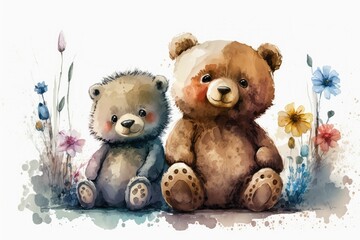 AI generated illustration of watercolor adorable bear cubs and colorful flowers