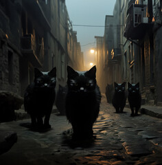 Group of creepy black cats walking on dark alley, Generative AI Illustration - obrazy, fototapety, plakaty