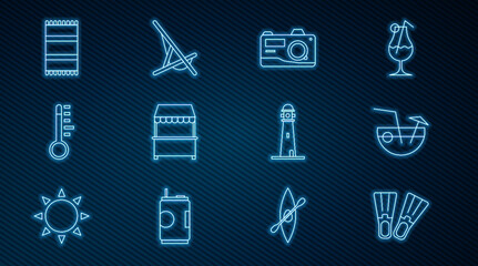 Set line Rubber flippers, Coconut cocktail, Photo camera, Street stall with awning, Meteorology thermometer, Beach towel, Lighthouse and Sunbed icon. Vector
