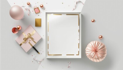 AI-generated illustration of a composition with a blank frame and pastel-colored decorations.