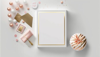 AI-generated illustration of a composition with a blank frame and pastel-colored decorations.