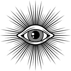 Obraz premium Sacred geometry illuminati eye with sun rays, occultism religion spiritual talisman. Vintage mystic tattoo providence sign