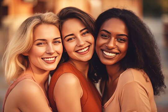 A group of three women standing next to each other. Multicultural female friends smiling, created with Generative Ai Technology