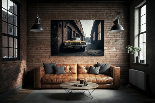 AI generated illustration of a living room in industrial style with leather sofa and brick wall