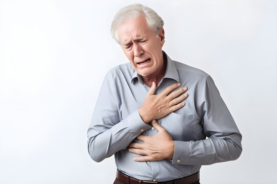 elderly man was holding his chest with both hands, his expression hurt on white background , ai generate