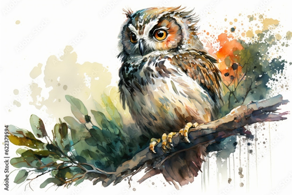 Poster ai generated illustration of watercolor painting of owl perched on a branch