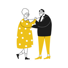 Flat Doodle cute character of senior couple lovers dancing. Hand drawn vector linear simple style.