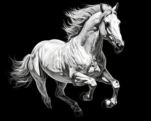 Obraz na płótnie Canvas In the dark, a white horse gallops on a black background. (Illustration, Generative AI)