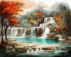 Panoramic banner showcasing a beautiful tropical waterfall. (Illustration, Generative AI)
