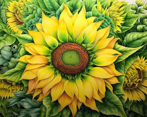 Large sunflower's green center captured in close-up. (Illustration, Generative AI)