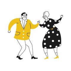 Flat Doodle cute character of senior couple lovers dancing. Hand drawn vector linear simple style.