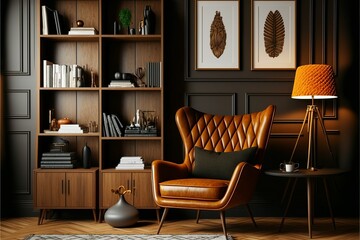 AI generated illustration of a modern retro home office with wooden furniture in brown color