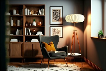 AI generated illustration of a home office with a gray armchair and elegant lamp