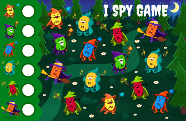 I spy game worksheet. Cartoon mineral and micronutrient wizards and sorcerers in Halloween forest. Kids vector riddle how many Mn, Zn, Mg, Fe, Cl and Se capsule warlock characters, educational task